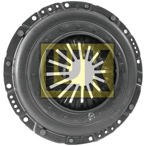 Clutch Cover Assembly - S.145287 by Sparex, featuring a metallic finish with a translucent rectangular logo overlay in the center, and encased in a durable pressed steel housing.