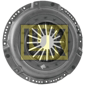 The Clutch Cover Assembly - S.145309 by Sparex is a round, metallic automotive part featuring numerous holes around its perimeter and an inner structure resembling a fan. It sports a yellow logo at the center and is encased in durable pressed steel housing.