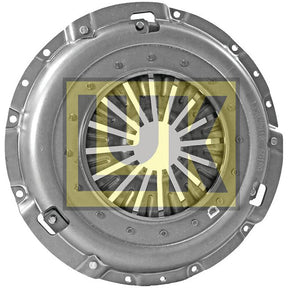 The Clutch Cover Assembly - S.145310 by Sparex is a metal automotive clutch pressure plate, featuring a robust pressed steel construction and adorned with a yellow and black Sparex logo in the center.