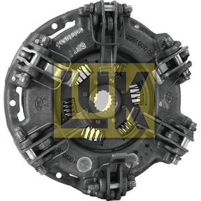 Close-up of a Clutch Cover Assembly - S.145324 featuring metal components, springs, and a central gear. The assembly, by Sparex, includes an Organic Captive Disc and is overlaid with a yellow "LUK" logo.