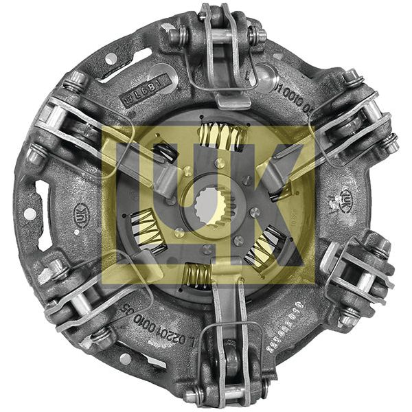The Sparex Clutch Cover Assembly - S.145326 features a dual cover design with visible springs and release levers, and is marked with "UK" in a yellow overlay.