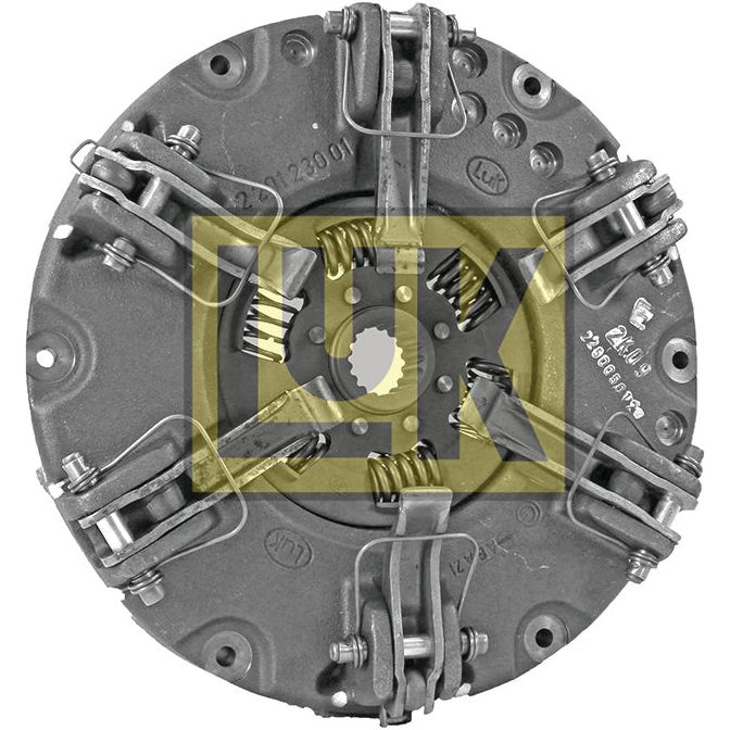 A detailed view of the Sparex Clutch Cover Assembly - S.145335 with visible springs and metal components, featuring a central gear-like structure, partially covered by a yellow watermark with the text "LUK." The assembly includes a cast iron housing and highlights an organic captive disc for enhanced performance.