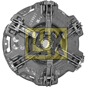 A Clutch Cover Assembly - S.145341 from Sparex includes a pressure plate with springs and levers, featuring a centered brand logo marked with yellow graphics, housed in durable cast iron for optimal performance.
