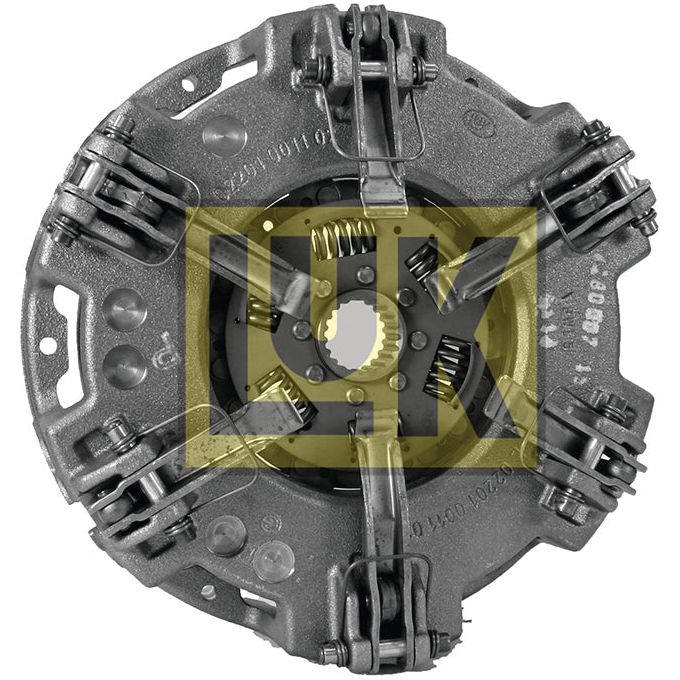 A metal automotive clutch pressure plate with multiple springs and levers, featuring a large yellow "LK" logo overlay, forming a part of the premium Clutch Cover Assembly by Sparex (Sparex Part No. S.145343).