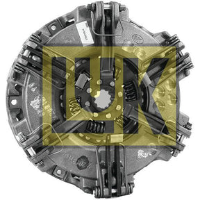 A round automotive clutch plate with metal construction is pictured, featuring a dual cover design. Overlaid by a transparent yellow logo displaying the letters "LUK," it showcases advanced engineering and reliability. The product is known as Clutch Cover Assembly - S.145390 by Sparex.