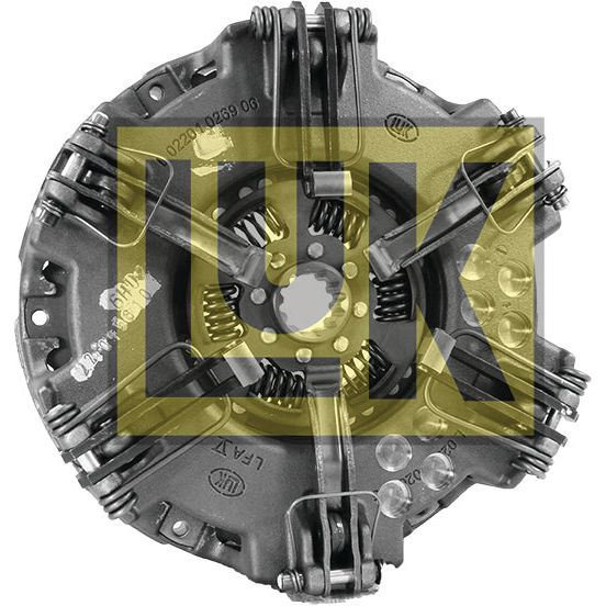 A Clutch Cover Assembly – S.145391 by Sparex, incorporating a metallic automotive clutch plate with springs and pressure mechanisms, and featuring a Cerametallic Disc overlaid with a semi-transparent yellow "LUK" logo.