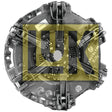 A close-up view of the Clutch Cover Assembly - S.145399 by Sparex against a white background, featuring a transparent overlapping yellow UN logo.