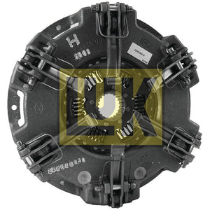 A black Sparex Clutch Cover Assembly - S.145405 with visible springs and mechanisms, featuring part numbers and a yellow LUK logo overlayed in the center. This model includes a Cerametallic coating for enhanced durability.