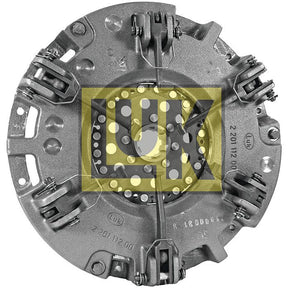 A front-view image of the Clutch Cover Assembly - S.145419 from Sparex, featuring bolts and springs. The assembly includes a pressure plate adorned with a yellow and black logo, integrated with an Organic Captive Disc for enhanced performance.