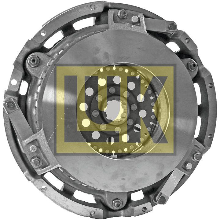Close-up image of a metallic automotive clutch pressure plate, featuring visible components and intricate design. The prominent placement of the yellow "LUK" logo at the center evokes the superior quality associated with the Sparex Clutch Cover Assembly - S.145419, reminiscent of what you'd find in a Deutz-Fahr D 6006 tractor.
