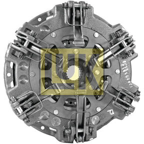 A close-up view of the Sparex Clutch Cover Assembly - S.145427 with a metallic finish. The image highlights the details of the mechanical components such as springs, levers, and the central hub, featuring Captive Disc Material for enhanced durability.