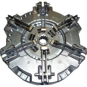 A close-up of the Sparex Clutch Cover Assembly - S.145473, showcasing its metallic structure with visible springs and mounting points, isolated on a white background, and featuring a robust cast iron housing.