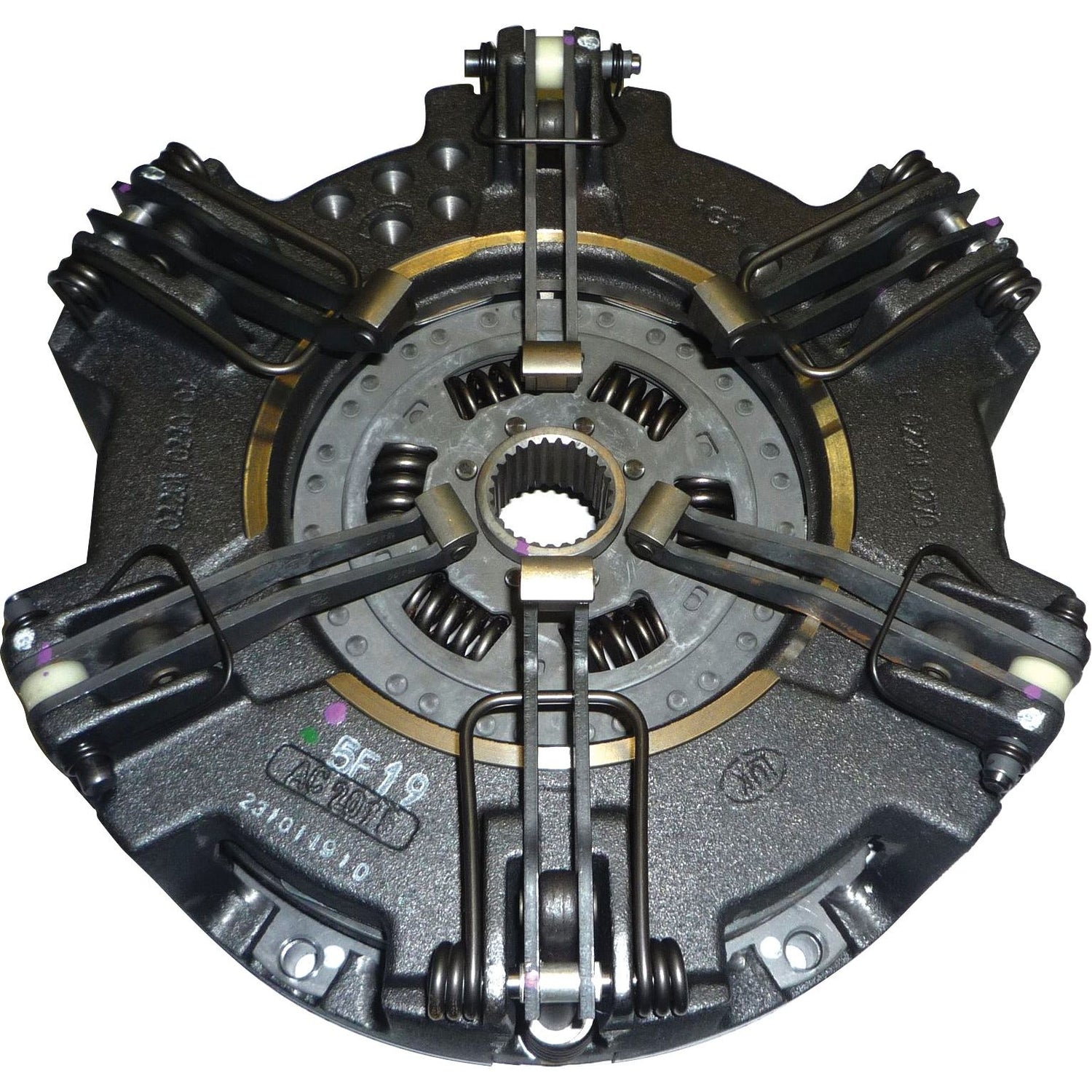 A detailed image of the Sparex Clutch Cover Assembly - S.145476, showcasing cerametallic springs, dual cover pressure plates, and a central input shaft.