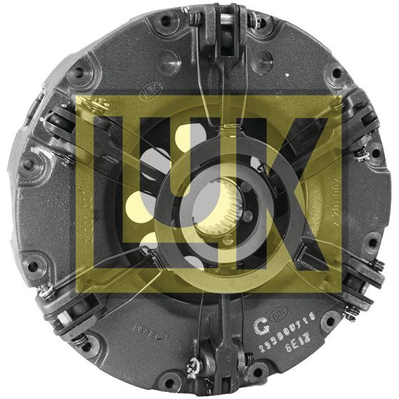 A circular metallic Clutch Cover Assembly - S.145497 from Sparex features a visible central gear and an overlaying yellow LUK logo, with the Cerametallic Captive Disc and various mechanical components arranged radially around the central hub.