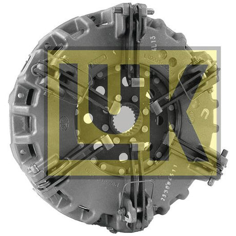 Close-up image of a metallic clutch pressure plate featuring the letters "LUK" prominently displayed in yellow and black, with a Cerametallic Captive Disc, part of the Sparex Clutch Cover Assembly - S.145502, suitable for 330/310mm cover sizes.