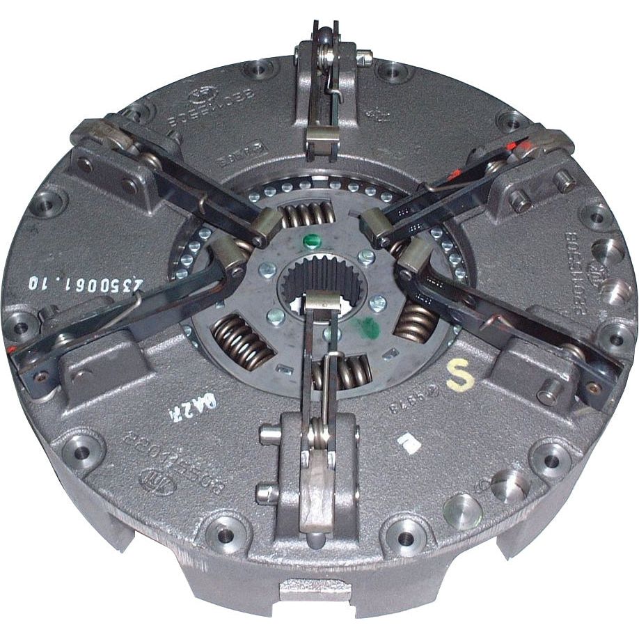 Close-up of the Sparex Clutch Cover Assembly - S.145514, showcasing its visible springs, levers, and bolt details, and featuring a robust cast iron dual cover.