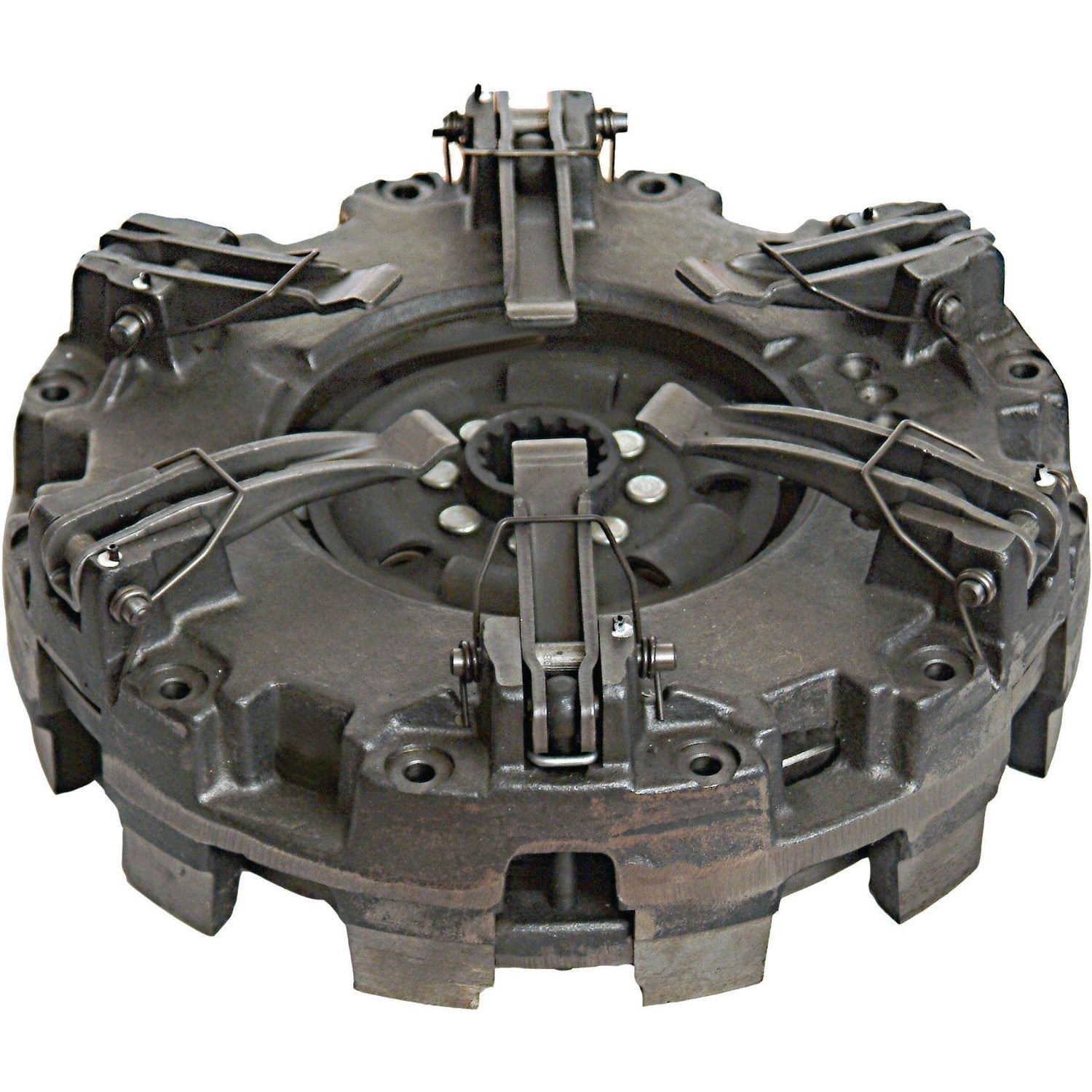 Close-up of the Clutch Cover Assembly - S.147858 by Sparex, featuring heavy metal parts, adjustable levers, and a durable dual cover.