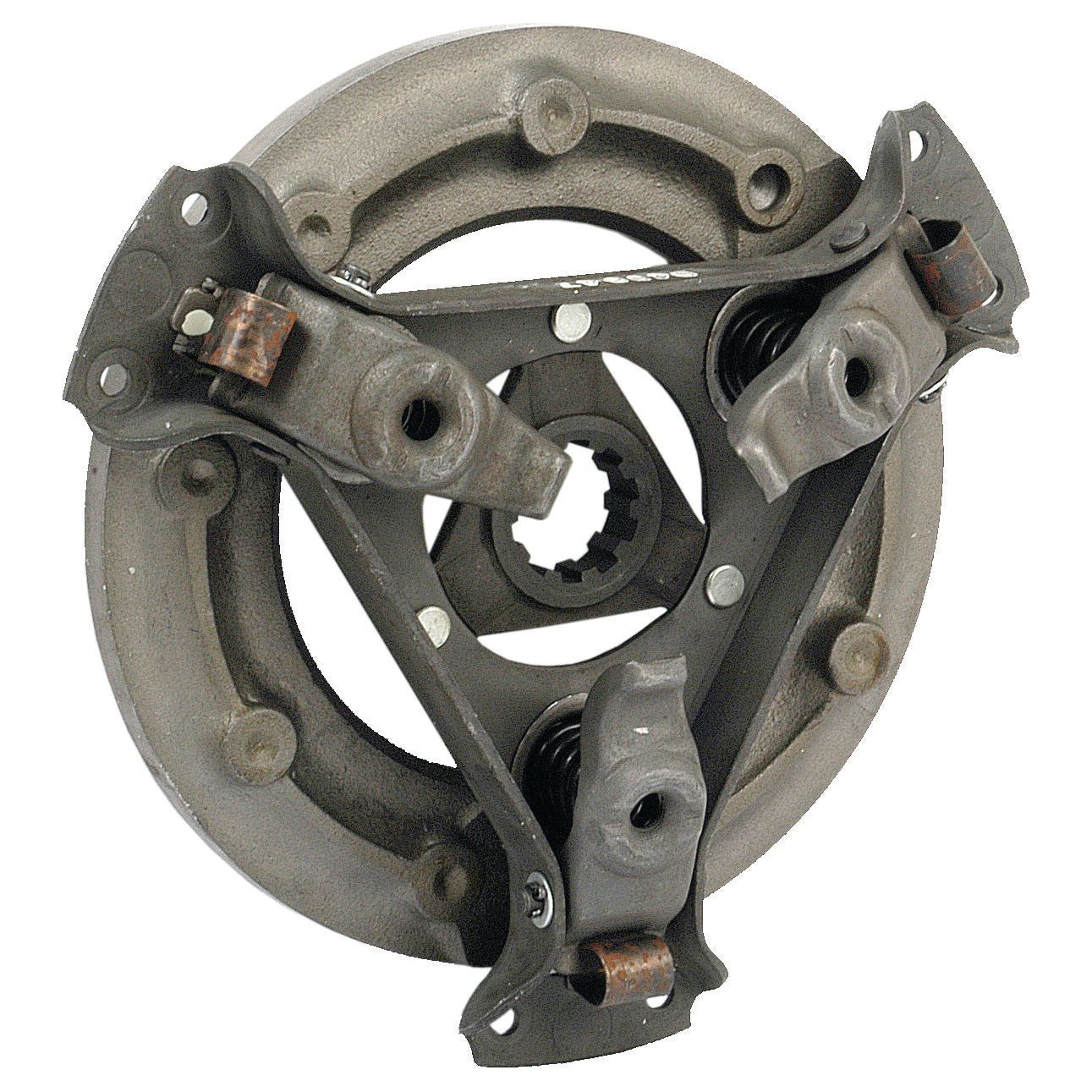 The Clutch Cover Assembly - S.19501 by Sparex is a metal mechanical component featuring three levers, springs, and a central gear-like structure, designed for use in machinery or vehicles. It is compatible with Case IH models.