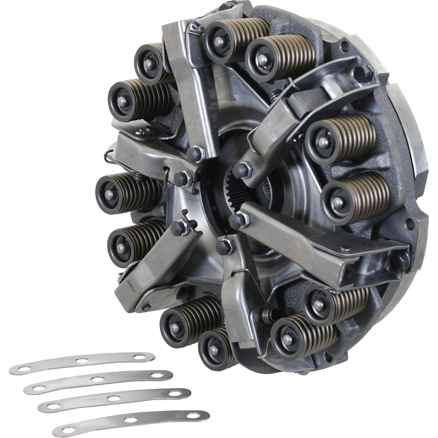 The Sparex Clutch Cover Assembly - S.19509 is a mechanical clutch assembly with multiple springs and metal levers, featuring a dual cover design and accompanied by four thin metal strips placed on the side.