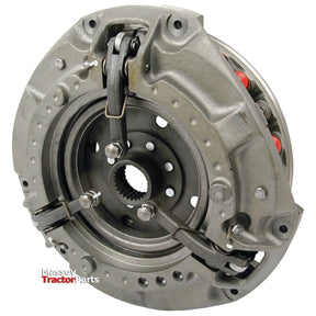 Close-up of a tractor clutch assembly with noticeable springs and bolts, featuring a metal, mechanical component labeled "Sparex Clutch Cover Assembly - S.40682," housed in durable cast iron.