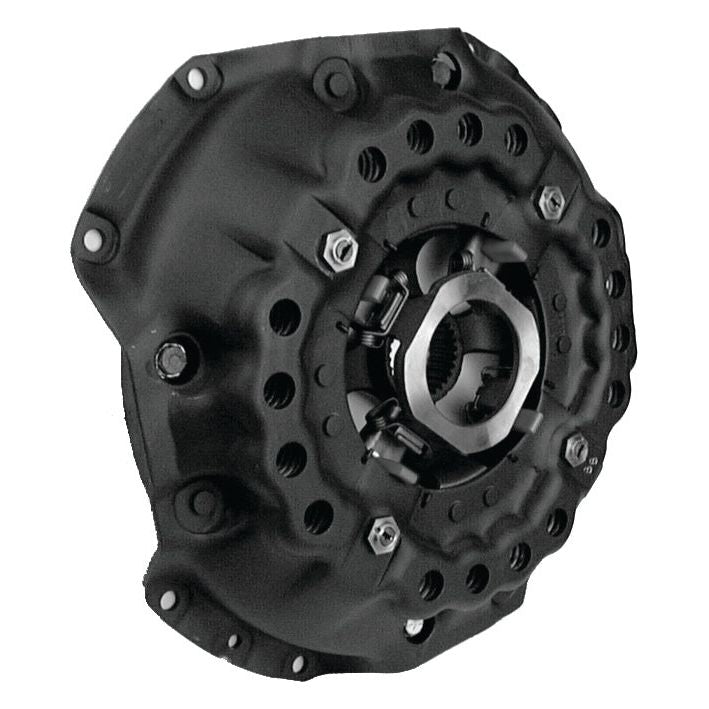 Close-up image of a black Clutch Cover Assembly - S.60221 by Sparex, showcasing multiple bolts and a detailed central mechanism.