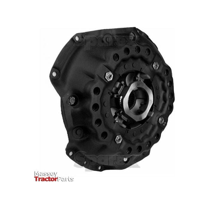 A black 330mm tractor clutch plate assembly with visible bolts and intricate gear components. A logo at the bottom left reads "Massey Tractor Parts," indicating it's a Sparex Clutch Cover Assembly - S.60221.