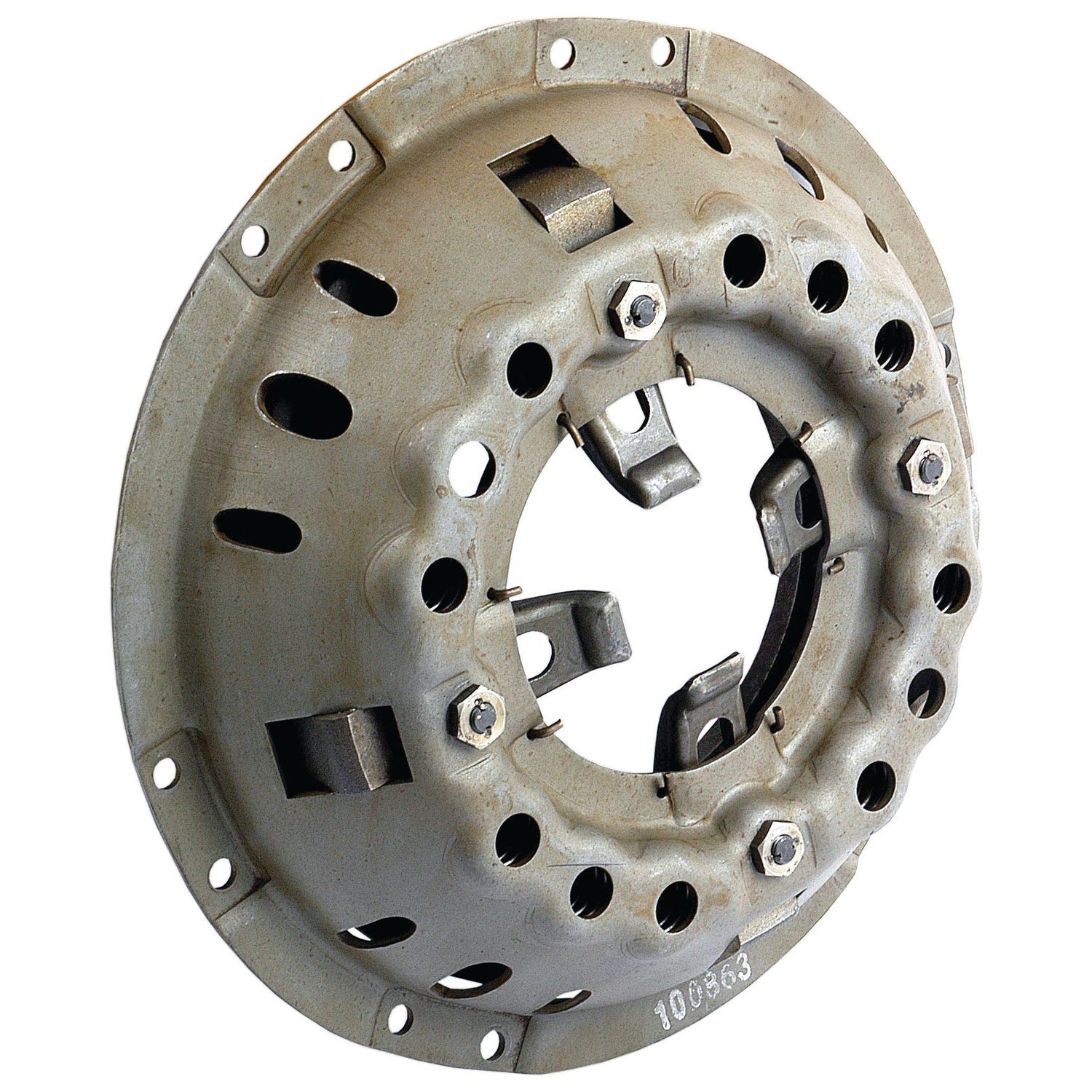 The Sparex Clutch Cover Assembly - S.60967 is a metallic clutch pressure plate with multiple cutouts and bolts, featuring a circular shape and internal mechanical components. The single cover fits a 280mm size, ensuring compatibility with a flat flywheel design.
