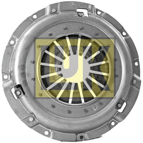 Image of the Sparex Clutch Cover Assembly - S.61224, a metal automotive clutch pressure plate with a central diaphragm spring, surrounded by a yellow D logo. This product features LUK's single cover design and measures 350mm in diameter.