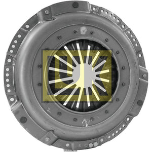 Close-up of a gray Clutch Cover Assembly - S.72908 featuring multiple bolting holes around the edges, with a centered yellow and black Sparex logo over it. The assembly is designed for optimal cover size.