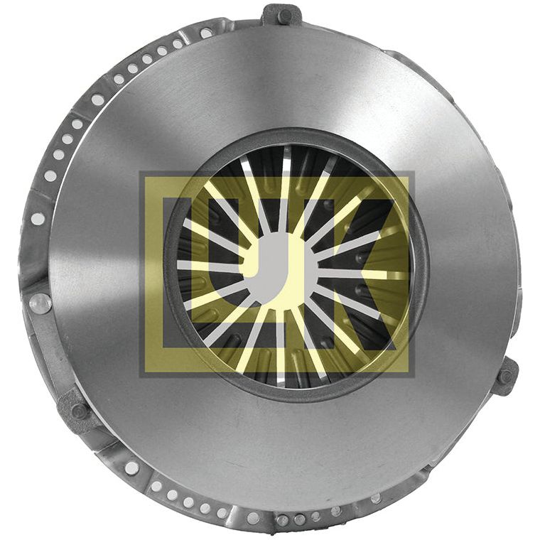 The Clutch Cover Assembly - S.72908 by Sparex is a circular metallic pressure plate with a set of radial fins and a bolted perimeter, featuring a transparent yellow logo overlay in the center.