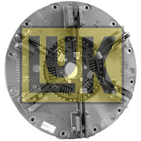 A metal clutch disc assembly from Sparex, labeled as the Clutch Cover Assembly - S.72934, showcases a yellow and black LU*K logo superimposed. The 350mm disc is equipped with gear teeth, multiple spring components, and a cast iron dual cover for enhanced durability.