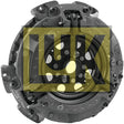 Sparex Clutch Cover Assembly - S.73017 with the brand logo overlayed in yellow. The component, made from cast iron, boasts detailed engineering features and visible mounting points.