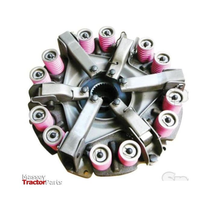 A "Clutch Cover Assembly - S.19509" by Sparex is a metal tractor clutch plate assembly incorporating multiple springs and levers. The image includes the text "Massey Tractor Parts." Compatible with Ford / New Holland models, it features a Dual Cover for enhanced performance.