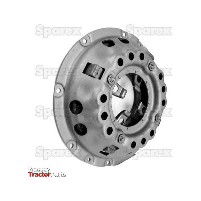 The Clutch Cover Assembly - S.60207, a metal disc specifically designed for Massey Ferguson tractors, is shown with various holes and components. Its 280/280mm dual cover design ensures maximum compatibility. The background features the word "Sparex" repeated multiple times.