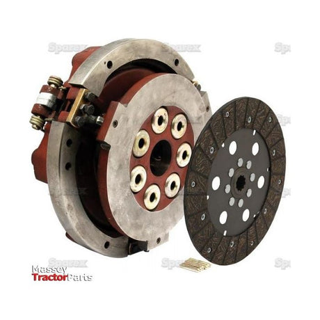 A mechanical part with multiple components, including a circular disc and gear-like unit, designed for tractor machinery. The 255mm Sparex Clutch Cover Assembly (S.62168) fits perfectly, ensuring optimal performance. The "Massey Tractor Parts" logo is visible on the bottom left.