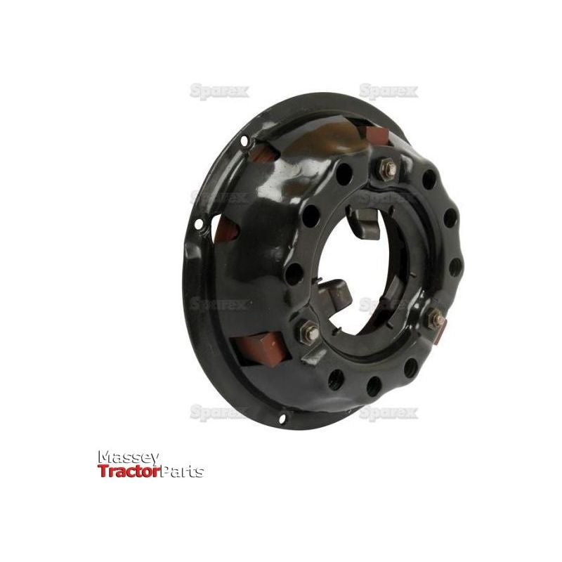 A black mechanical part, likely for a tractor, with a circular shape and multiple attachment points. Text reads "Massey Tractor Parts." This Clutch Cover Assembly - S.72899 by Sparex is crafted from pressed steel and measures 230mm in size, ensuring durability and precision.