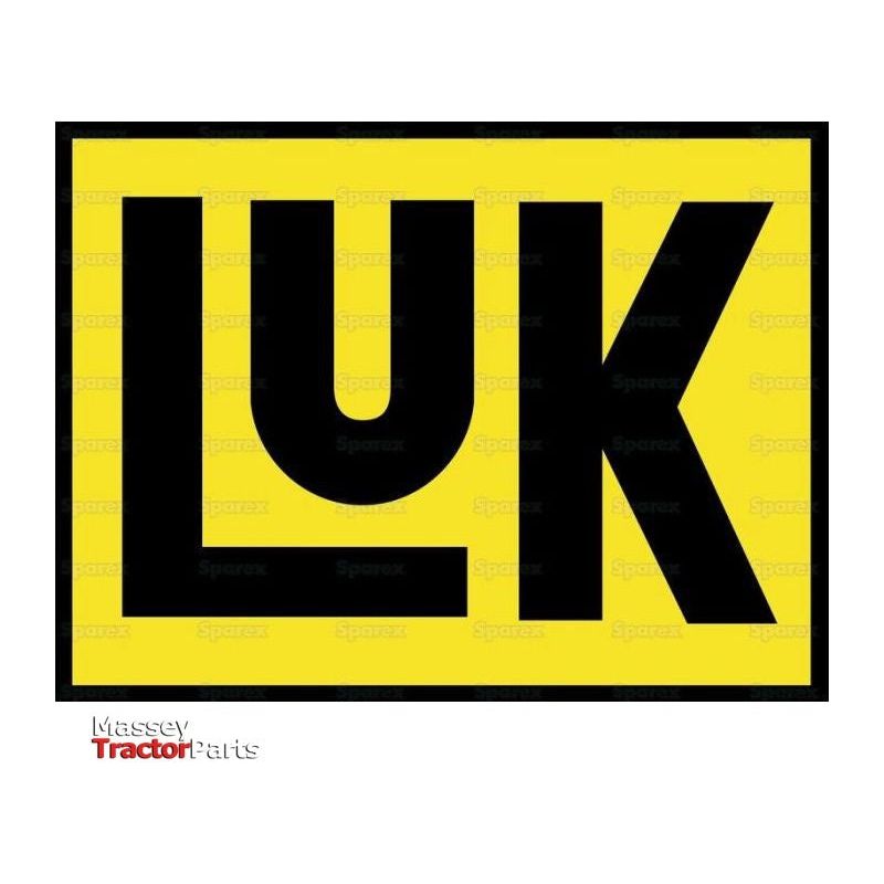 A large black "LUK" logo on a yellow background, with a smaller "Massey Tractor Parts" logo in the bottom left corner, perfectly fits the cover size requirements for the Clutch Cover Assembly - S.72908 by Sparex.