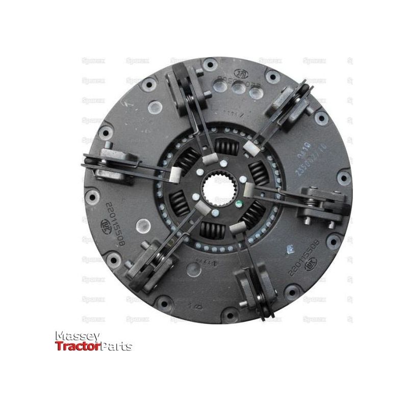 Close-up view of a circular mechanical component with springs and bolts, labeled "Sparex Clutch Cover Assembly - S.72934," featuring the number "2050196" and a dual cover made of 350/350mm cast iron.