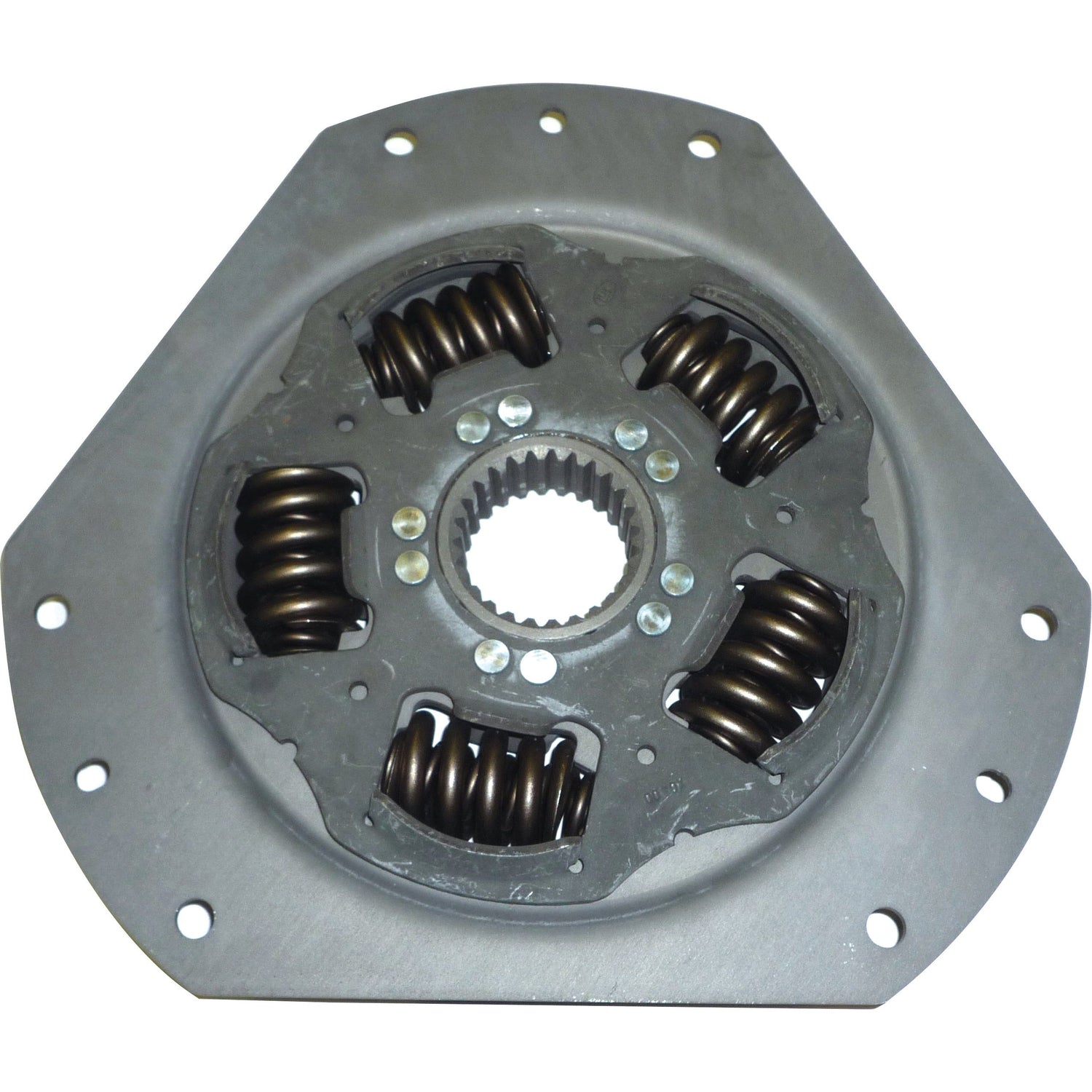 The Clutch Damper - S.131166 by Sparex is shown, featuring a central spline hub surrounded by multiple helical springs. All components are housed within a round, flat steel plate with several bolt holes, making it suitable for various automotive applications. For detailed specifications, please refer to the manufacturer's information.