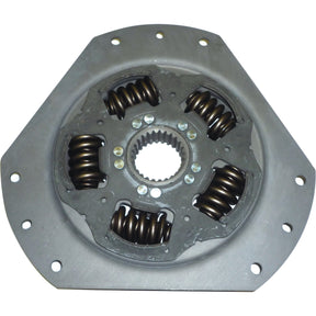 The Clutch Damper - S.131166 by Sparex is shown, featuring a central spline hub surrounded by multiple helical springs. All components are housed within a round, flat steel plate with several bolt holes, making it suitable for various automotive applications. For detailed specifications, please refer to the manufacturer's information.