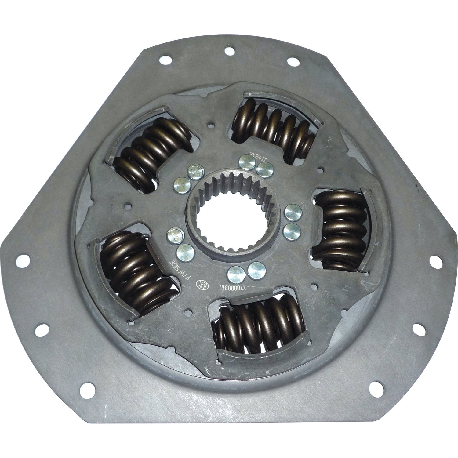 Introducing the Clutch Damper - S.131166 by Sparex: a circular metal plate featuring four evenly spaced coiled springs around a central geared hub. This durable component incorporates eight perimeter holes for versatile mounting or attachment, making it ideal for various mechanical applications. Designed for reliability and efficiency, it's the perfect choice to enhance your machinery's performance.