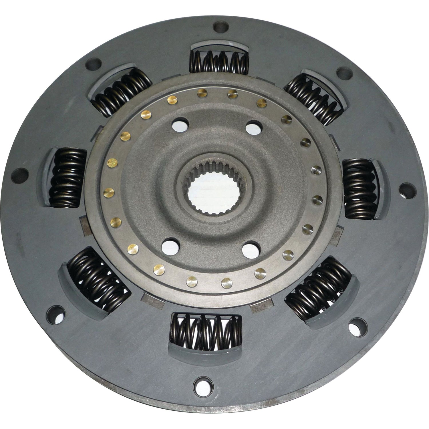 The image showcases the Sparex Clutch Damper - S.131171, featuring a metallic plate with visible coil springs around the perimeter and a central gear-like opening, suitable for high-performance automotive applications.
