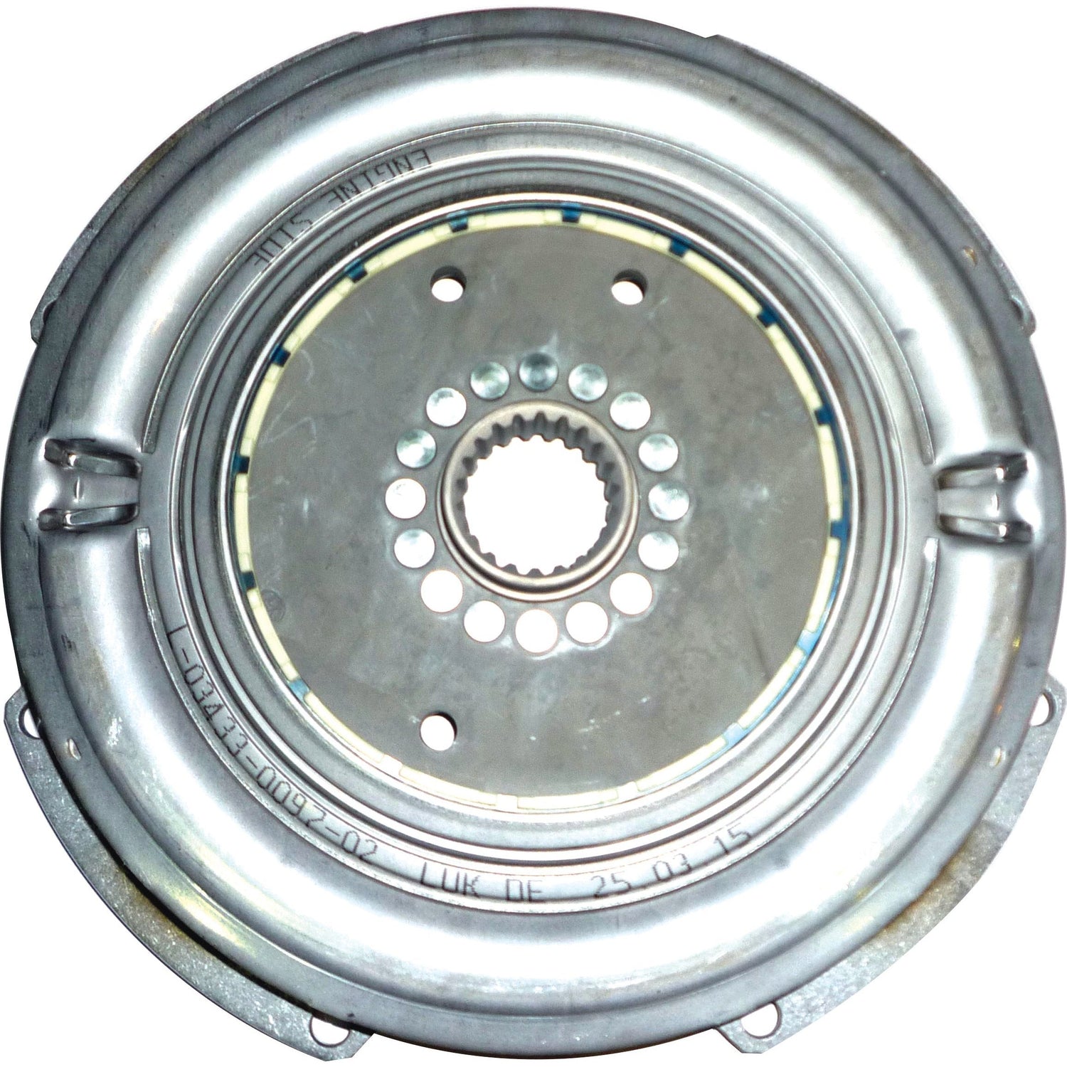 The Clutch Damper - S.131172 by Sparex, designed for high-performance vehicles, features a central gear and surrounding bolt holes. It is depicted from a top-down perspective, showcasing detailed information on its precise construction and manufacture.