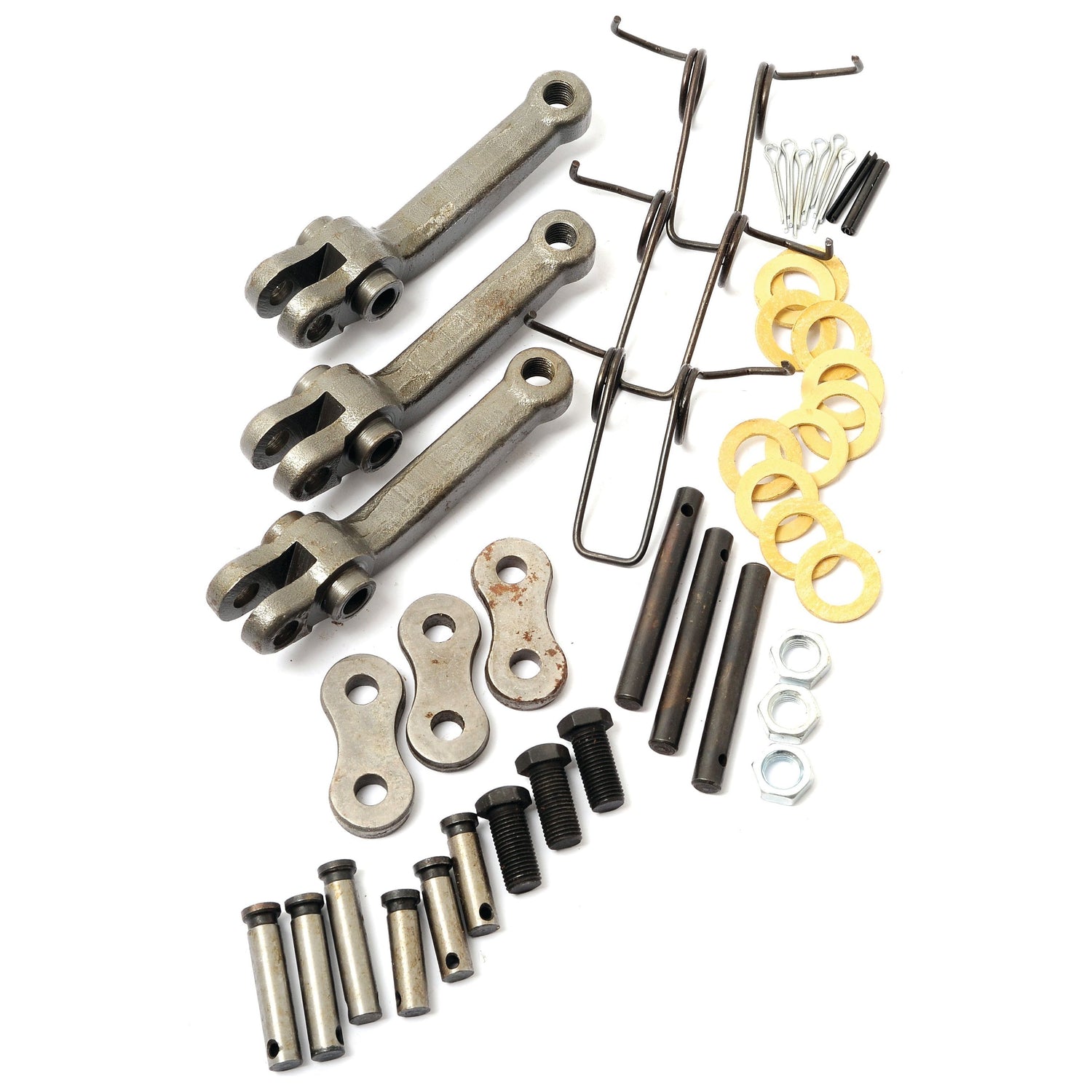 An assortment of mechanical hardware, including levers, washers, pins, bolts, and nuts arranged on a white background, features essential items for Challenger MT425B and Massey Ferguson repairs, such as the Sparex Clutch Finger (Part No. S.43408).