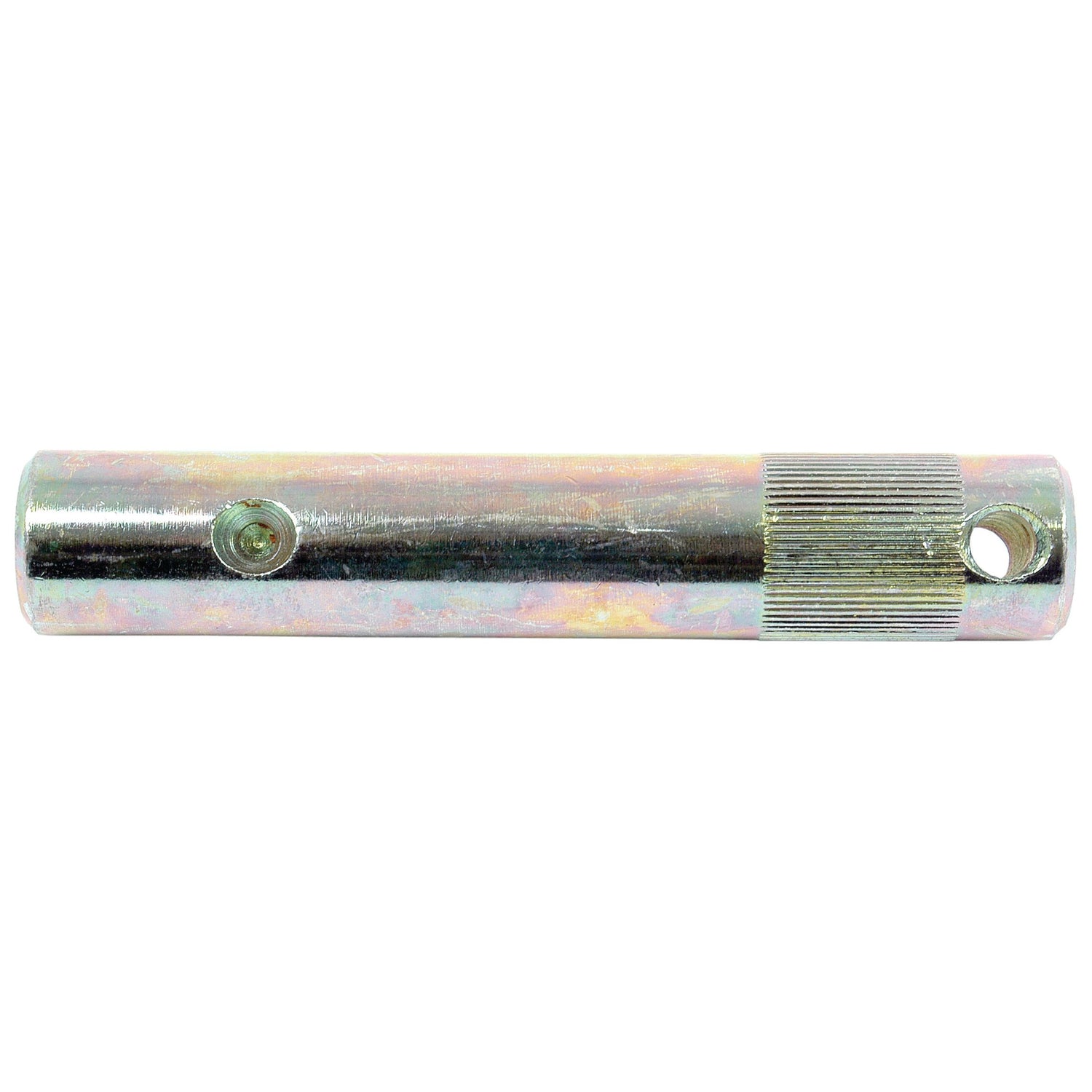 A Sparex Clutch Fork Shaft (Long), part number S.41858, featuring a metallic cylindrical extension with a ribbed grip section and two holes—one threaded and the other smooth—ideal for integration into a Massey Ferguson shaft clutch fork.