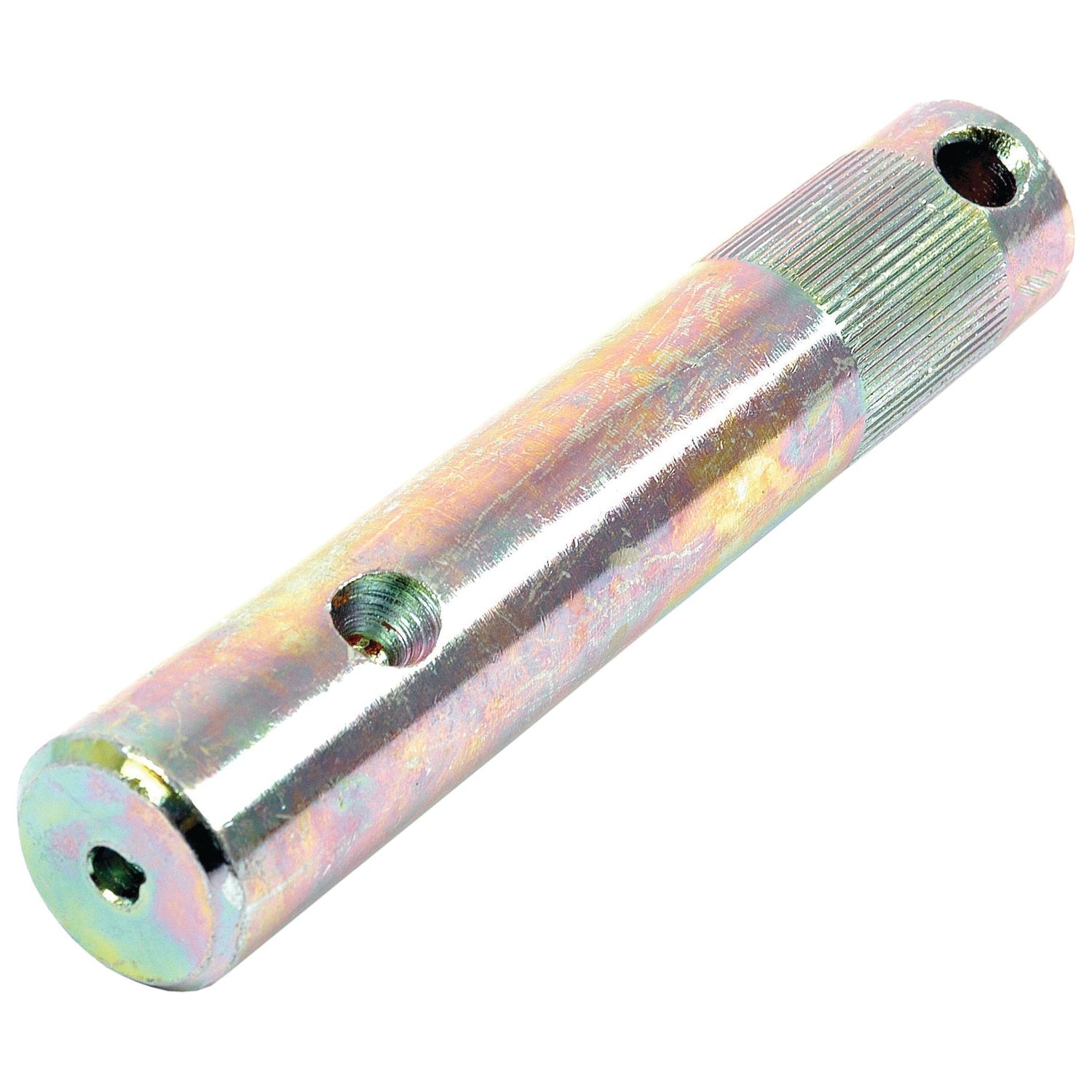 The Clutch Fork Shaft (Long), also known as Sparex Part No. S.41858, is a metallic cylindrical connector with threaded ends and two holes along its body, commonly used in Massey Ferguson and Landini machinery.