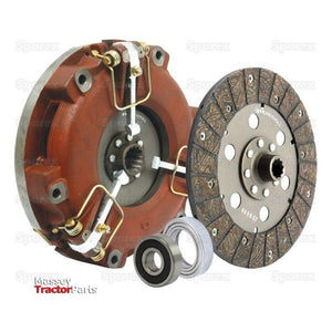 A Clutch Kit with Bearings - S.128910 by Sparex, designed for a Massey tractor and featuring a specific cover size and type, includes a clutch disc, pressure plate, and additional components, all showcased on a white background.