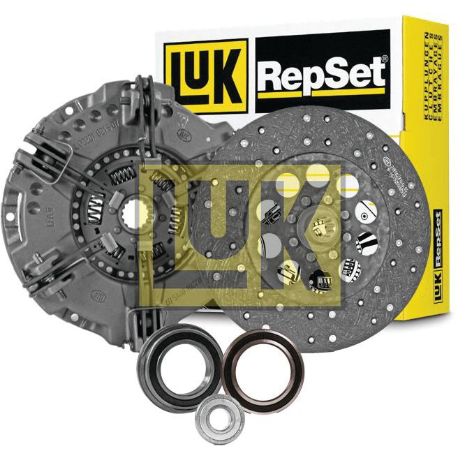 A Sparex Clutch Kit with Bearings - S.127051 featuring a dual cover, pressure plate, organic disc, and transmission bearing displayed in front of the product packaging.