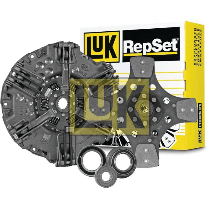 A Sparex Clutch Kit with Bearings - S.127322, which includes a clutch disc, pressure plate, and bearings along with a cerametallic disc, displayed in front of its branded packaging.