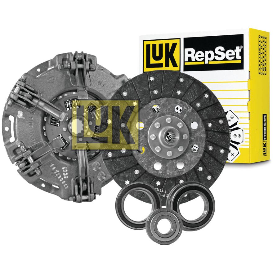 Image of a Sparex Clutch Kit with Bearings - S.131141, featuring a pressure plate, organic disc, release bearing, and pilot bearing with product packaging in the background.